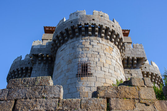 Machicolations of Christian castle of Granadilla village, Extremadura, Spain