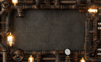 Fototapety  Background dark wall loft steampunk lamp from pipes