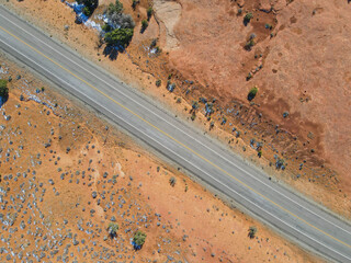 Aerial above view of Diagonal road in Utah desert