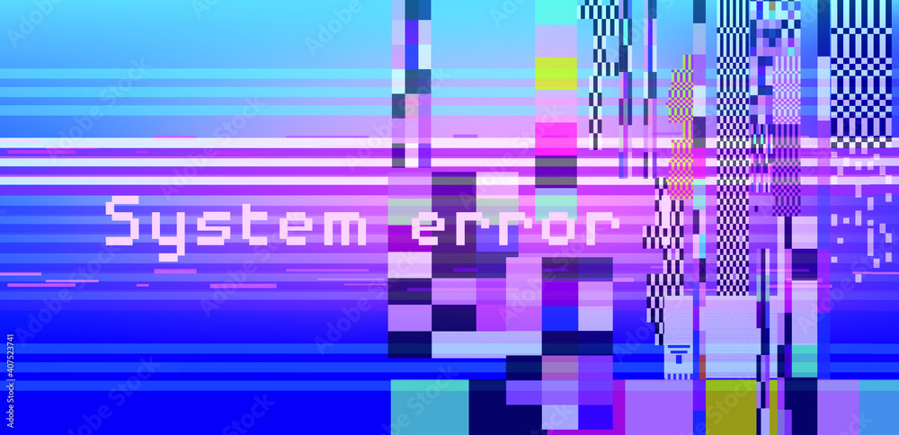 Aufkleber Glitched and distorted screen with pixel noise grain. Computer display error, program failure.