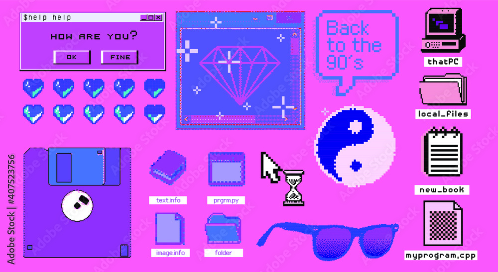 Poster Old user interface windows, retro message box with buttons. Vaporwave and retrowave style elements.