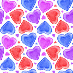 Watercolor heart pattern. Watercolor seamless pattern with multicolored big hearts. Bright illustrations for gift paper, packaging, textile design, stationery, patchwork. Valentine's Day.