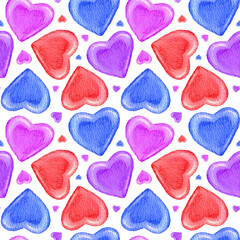 Watercolor heart pattern. Watercolor seamless pattern with multicolored big hearts. Bright illustrations for gift paper, packaging, textile design, stationery, patchwork. Valentine's Day.