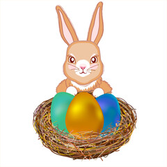 Traditional cute Easter bunny with a nest with three multi-colored eggs on white background.
