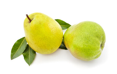 Two pears with a leaf.