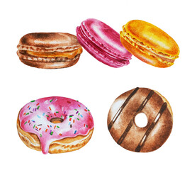 Realistic illustration of colorful macaroons: pink, orange, brown and two donuts. Watercolor. Hand drawn. Template. Closeup.