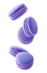 Isolated blue macaroons. Five blueberry or blackberry macaroons falling down over white background