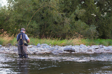Fly fisherman using flyfishing rod in beautiful river.