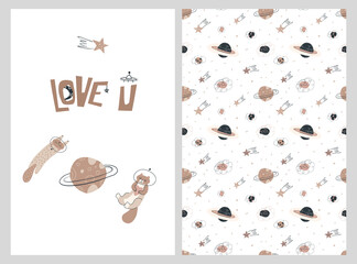 Hand-drawn vector greeting card for Valentine day with cats. Space planets seamless pattern in pastel colours