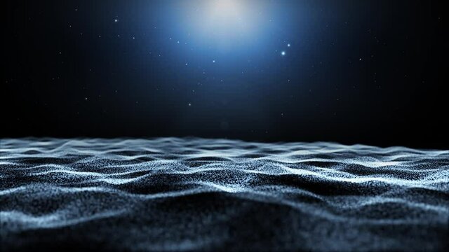 Futuristic night ocean waves with starry sky animation. Abstract wavy seascape with mystical sky light background.