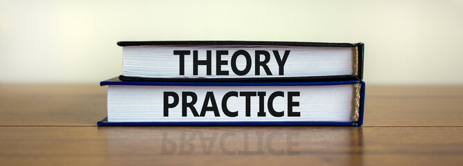 Theory and practice symbol. Books with words 'theory practice' on beautiful wooden table. White background. Business, theory and practice concept. Copy space.