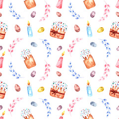 Seamless watercolor pattern with Easter cakes, willow branches, Easter eggs and candles on a white background.