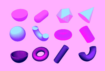 Set of 3D shapes: sphere, hemisphere, torus, cone, cylinder and icosahedron. Vaporwave and retrowave pixel art style illustration in punchy pastel colors.