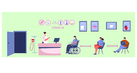 Patients Sitting in Chairs and Waiting for Doctor's Appointment Time at Hospital.Men and Women at Physician's Office or Clinic. Hospital Queue and Registry Service in Quarantine.Vector Illustrstion