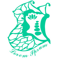 Light green butterfly, outline resembles silhouette of pregnant woman, wing pattern consists of intertwining leaves, female face, SPA stones and lotus. Concept: Caring cosmetics for expectant mothers.