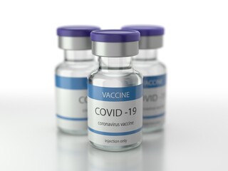 Covid 19 Coronavirus vaccine vial group isolated on white background. Vaccine against new Sars 2 Cov new strain and mutation. 