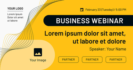 Business webinar, banner with image, contact data, partners frames on yellow background. Black and yellow vector template for webinar, conference, e-mail, flyer, meetup, party, event, web header