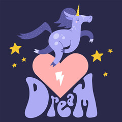 Flat cartoon vector illustration with cute unicorn, hand drawn style. Hippie dream.