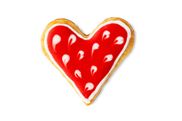 Heart shaped cookie with sugar icing isolated on white, top view