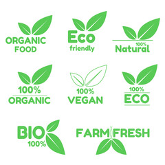 Organic natural bio labels set icon, healthy foods badges, fresh eco vegetarian food.