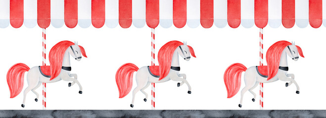 Seamless repeatable border with red and white awnings and cute carousel horses. Bright symbol of joy, happiness, romance. Hand painted watercolour graphic drawing, isolated clipart element for design. © Julija