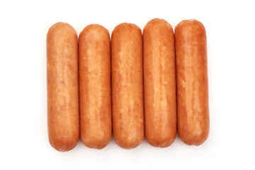Boiled chicken sausages, isolated on white background