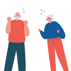 Old aggressive man and woman parents yelling and quarrel. The psychological concept of family quarrel, conflict and misunderstanding. Vector illustration on white background. 