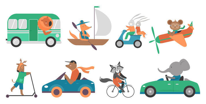 Cute animals in speed transport vector illustration set. Cartoon funny fluffy zoo animalistic characters travel in ship boat car bus airplane, have fun in adventure transportation isolated on white