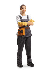 Full length portrait of a repair woman with a tool belt wearing a uniform