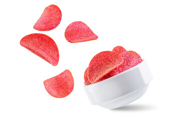 Naklejka na ściany i meble Red potato chips with salt on a white isolated background