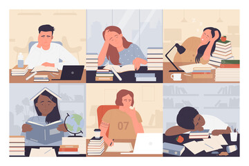 Bored students study vector illustration set. Cartoon young exhausted woman man student characters sitting on desk with books while studying boring and doing homework, frustrated people working