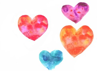 Cute multicolored hearts hand-painted with watercolors in bright colors in warm and cold shades.