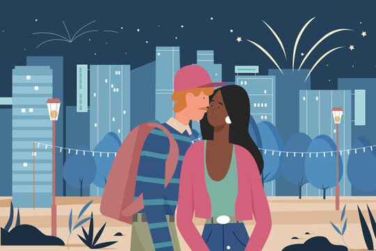 Couple people walk in night city vector illustration. Cartoon woman man lovers characters kissing, dating, enjoying modern cityscape with fireworks and starry sky, romantic walking and love background