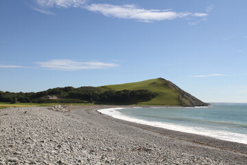 Tan y Bwlch Beach, Aberystwyth, Wales UK in High Summer with Clear Blue Skies and White Surf.