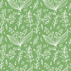 Fototapeta na wymiar Seamless pattern in the style of doodles. Plant motifs. Twigs, blades of grass, flowers, berries. Black outline on white background