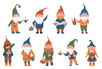Fototapeta premium Cute fairytale gnomes vector illustration set. Cartoon funny gnome or dwarf male female fairy character standing in various poses, holding mushroom, working in garden, reading book isolated on white