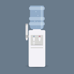 Floor water cooler with glass holder for office and home. Plastic bottle. Water dispenser with blue full bottle, as well hot and cold water taps. Isolated on blue background.Raster illustration