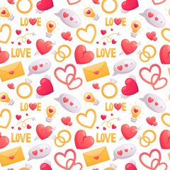 Vector seamless pattern of cartoon volumetric icons for valentines day in bright pink and gold colors. Isolated heart with wings, falling in love, lettering. Stickers for decoration.