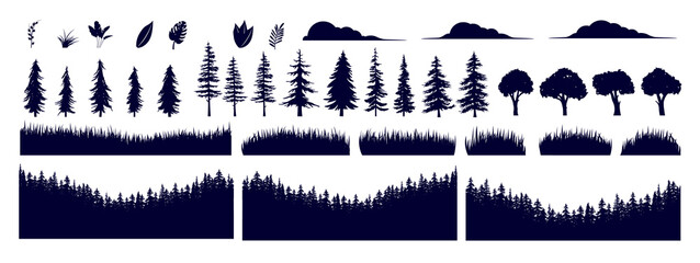 Landscape and nature vector set - Collection of trees grass, forest and plants to create your own scene and background.