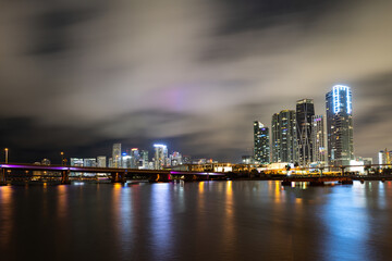 Bayside Miami Downtown MacArthur Causeway from Venetian Causeway. Miami night downtown.