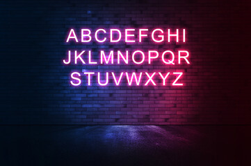 Neon light alphabet on  iluminated brick wall.