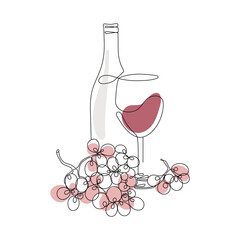 Continuous one line drawing. A Bottle of Wine with a Glass and Grapes. Vector illustration. Minimal abstract art. Black linear art on white background with colorful spots - 407538930