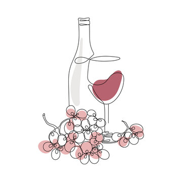 Continuous one line drawing. A Bottle of Wine with a Glass and Grapes. Vector illustration. Minimal abstract art. Black linear art on white background with colorful spots