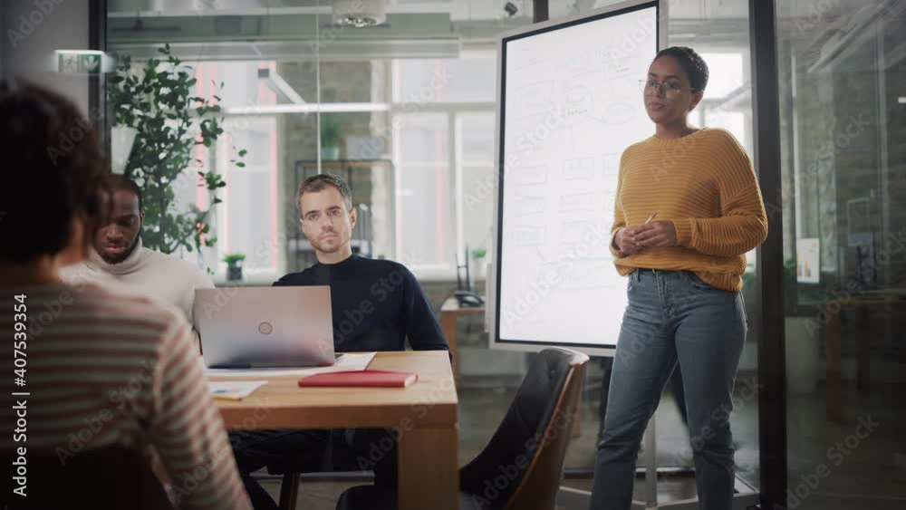 Aufkleber Project Manager Makes a Presentation for a Young Diverse Creative Team in Meeting Room in an Agency. Colleagues Sit Behind Conference Table and Discuss Business Development, User Interface and Design.