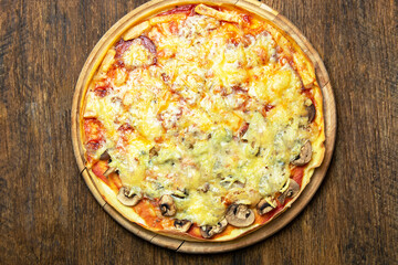 salami and mushrooms pizza with mozzarella and various cheeses, Concept promotional flyer poster for Restaurants or pizzerias with space for your text.