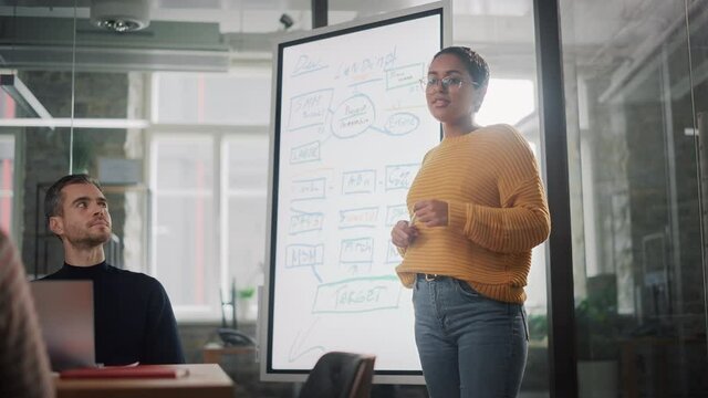 Project Manager Makes a Presentation for a Young Diverse Creative Team in Meeting Room in an Agency. Colleagues Sit Behind Conference Table and Discuss Business Development, User Interface and Design.