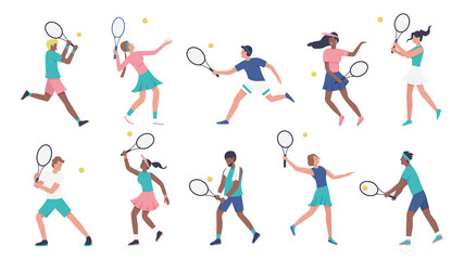 Fototapeta na wymiar Workout playing tennis vector illustration set. Cartoon young woman man sportive characters in sportsman uniform play tennis, players holding rackets and hitting ball collection isolated on white