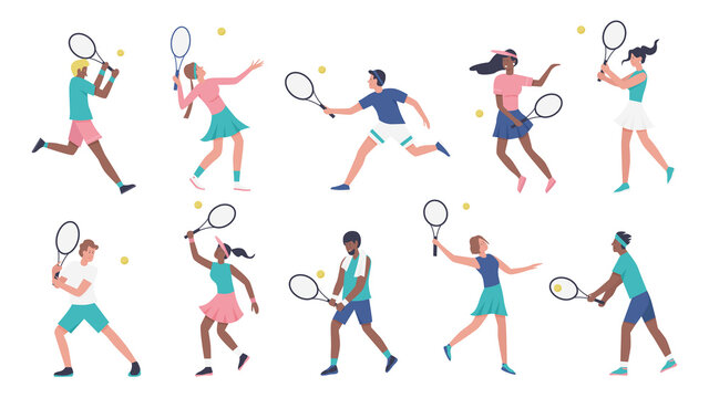 Workout playing tennis vector illustration set. Cartoon young woman man sportive characters in sportsman uniform play tennis, players holding rackets and hitting ball collection isolated on white