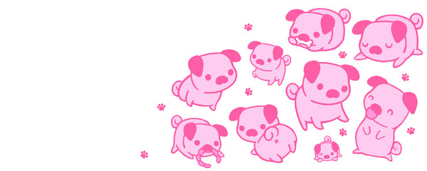Kawaii pink pugs with text space on left side. Little pink dogs.