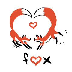 Valentine card with two lovely foxes on white background